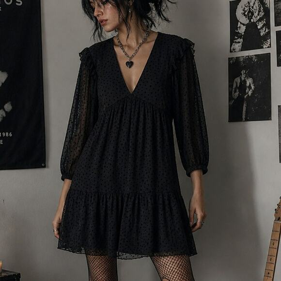 stradivarius Dresses & Skirts - New Stradivarius Womens Small Dress Black Stars Goth Grunge Emo Mesh Sheer